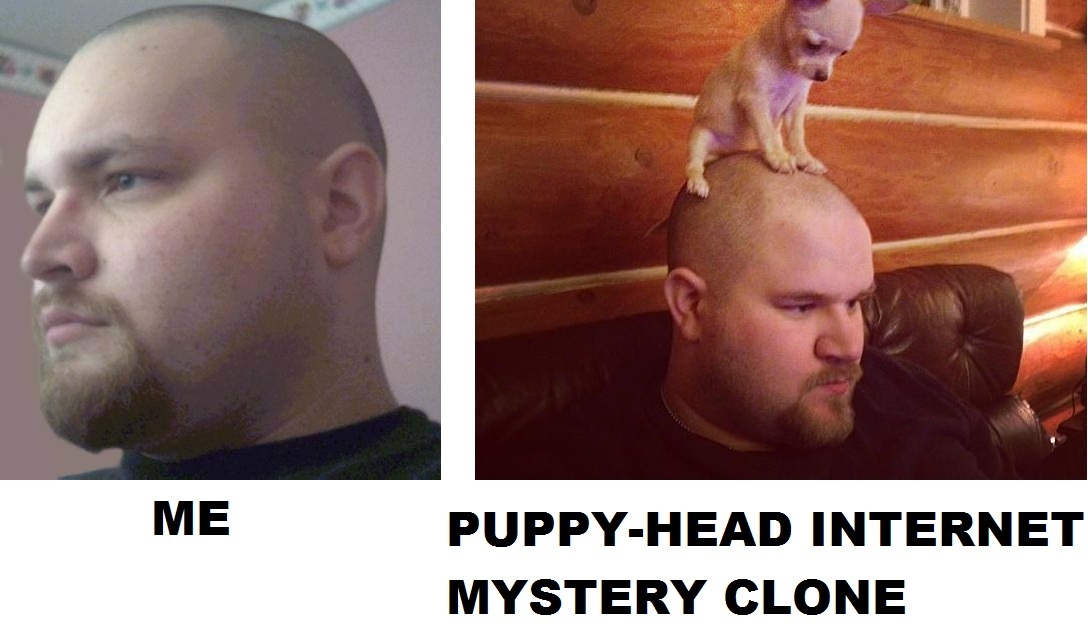 doppelganger bald guy with dog on his head